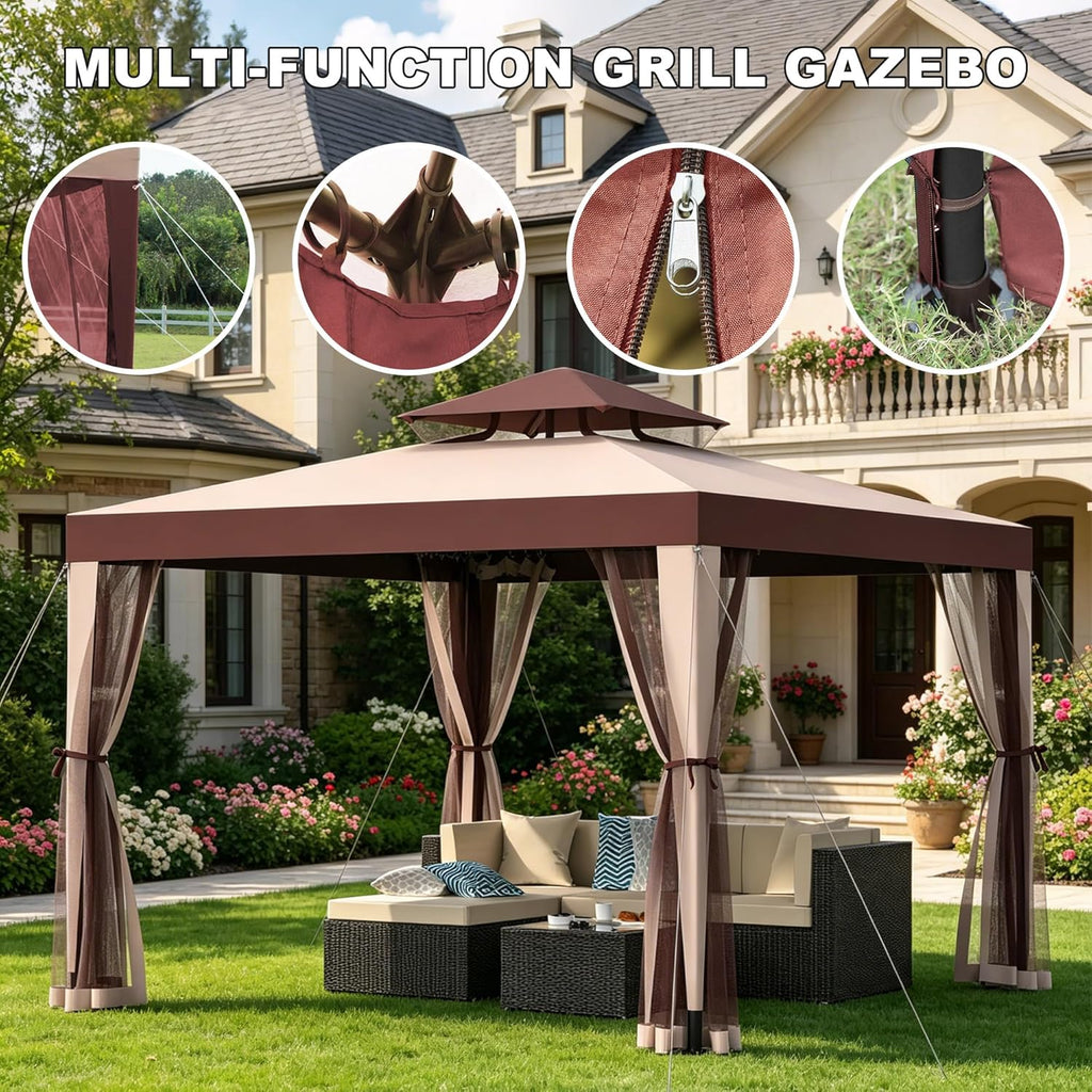 Outdoor Gazebo 10×10 Canopy Tent with Mosquito Nettings & Double Roofs, Canopy Shelter for Party, Patio Gazebo (Red