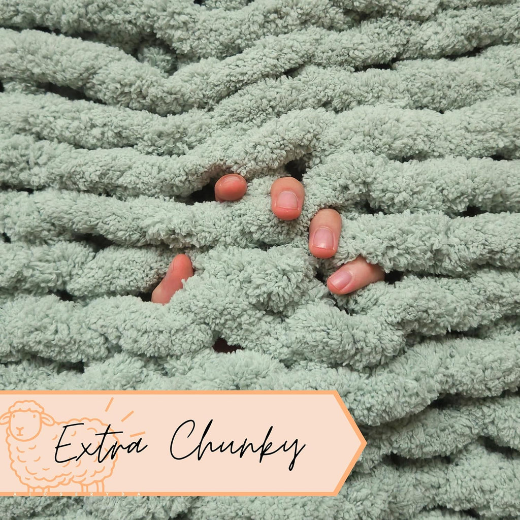 Chunky Knit Blanket Throw | 100% Hand Knit with Jumbo Chenille Yarn (50"x60", Sage Green)