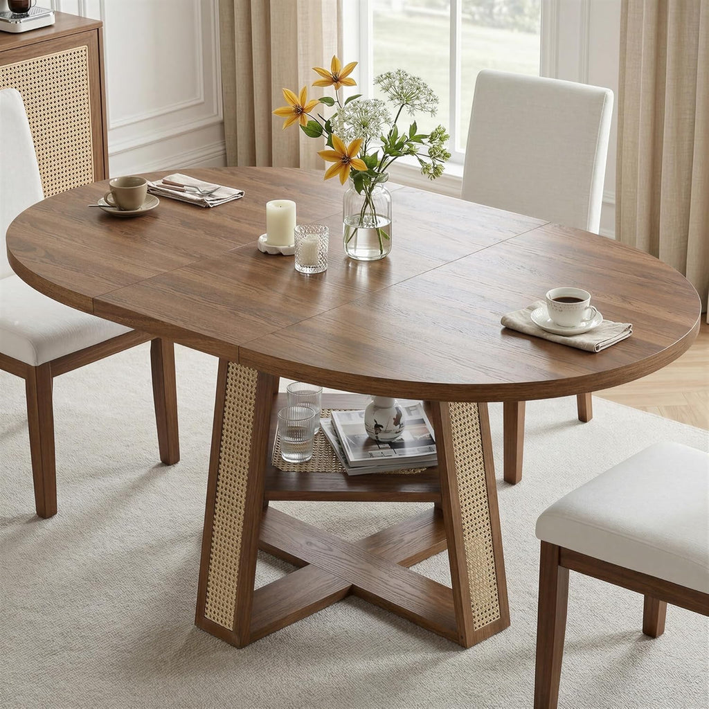 43"-59" Extendable Round Dining Table for 4-8, Transformer Oval Dining Room Table with Removable Leaves Space Saving