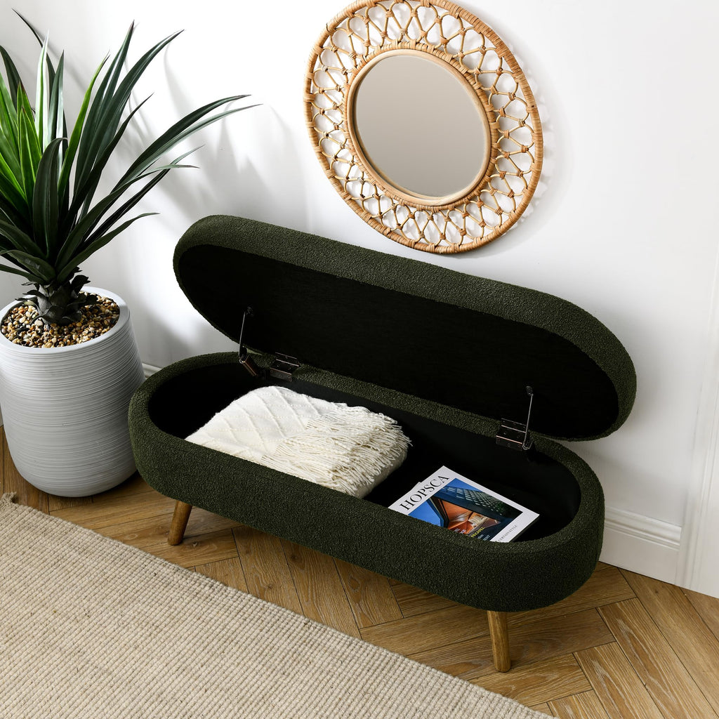 43.5" Fabric Storage Ottoman Bench, Upholstered Boucle Ottoman with Safety Hinge, Entryway Bench with Rubber Wood Legs