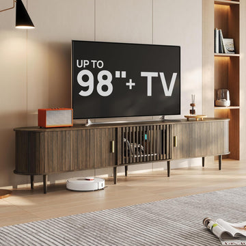 94.5" Fluted Mid Century Modern TV Stand for TVs Up to 80/85/86/90/98/100", Tambour Sliding Doors Entertainment