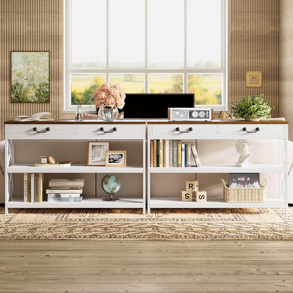 47.2" Farmhouse Console Table, Sofa Table with Drawer, Narrow Long Entry Table with 2 Shelf , White/Walnut