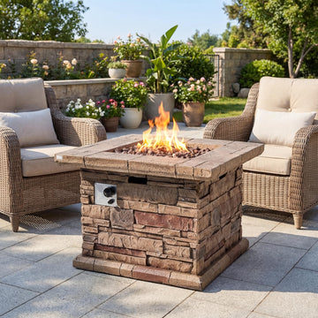 Outdoor Fire Pit Table w Faux Brown Ledgestone 32-inch Square Fire Table, Certified, 50, 000 BTU Stainless Steel