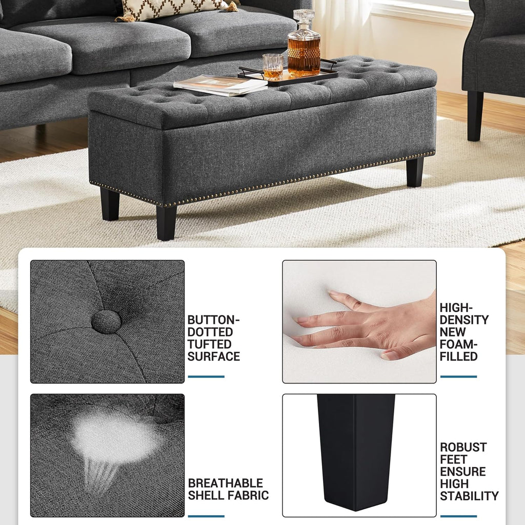 49in Square Storage Ottoman Coffee Table with Nailhead, Dark Gray | Button-Tufted Linen-Look Fabric Bench, 3.5C
