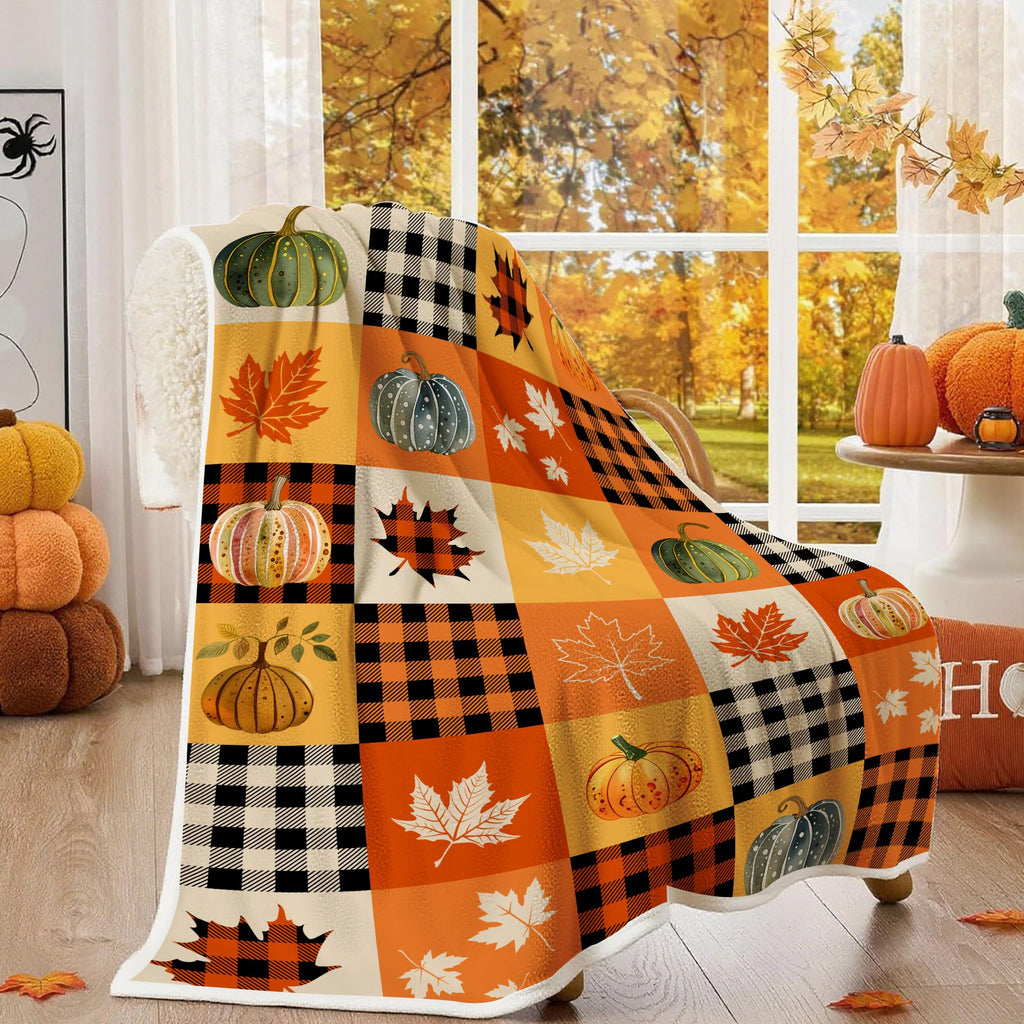 Fall Pumpkin Buffalo Plaid Throw Blanket, 60"x70" Autumn Maple Leaf Patchwork Soft Fleece Blanket for Sofa Couch Home