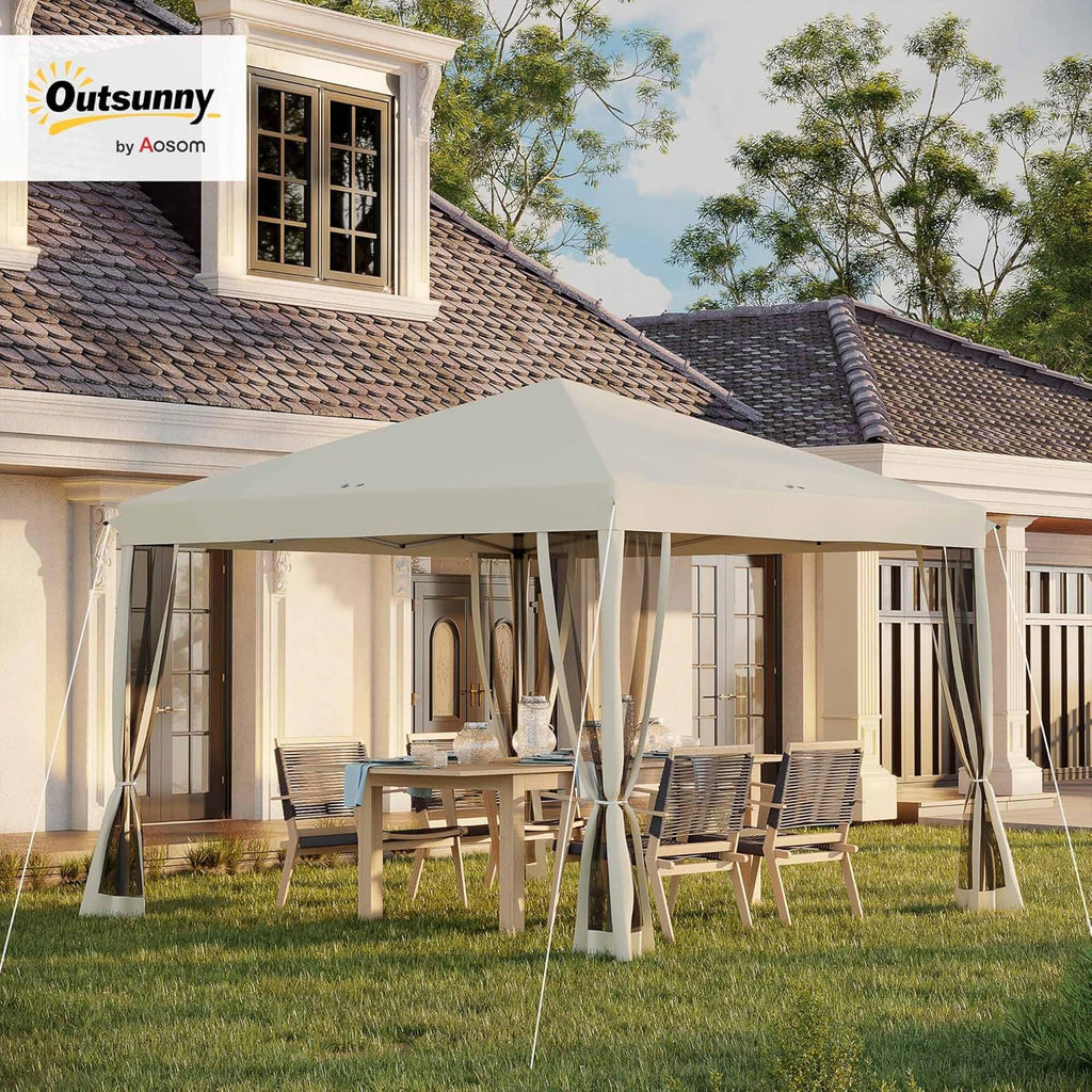 10' x 10' Pop Up Canopy Tent with Netting, Instant Gazebo, Screen House Room with Carry Bag, Height Adjustable Beige