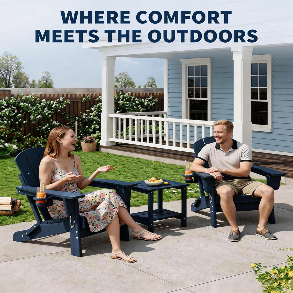 HDPE Folding Adirondack Patio Chair with Cup Holder - Weather-Resistant Plastic, Wood Grain Texture, Outdoor Lounge