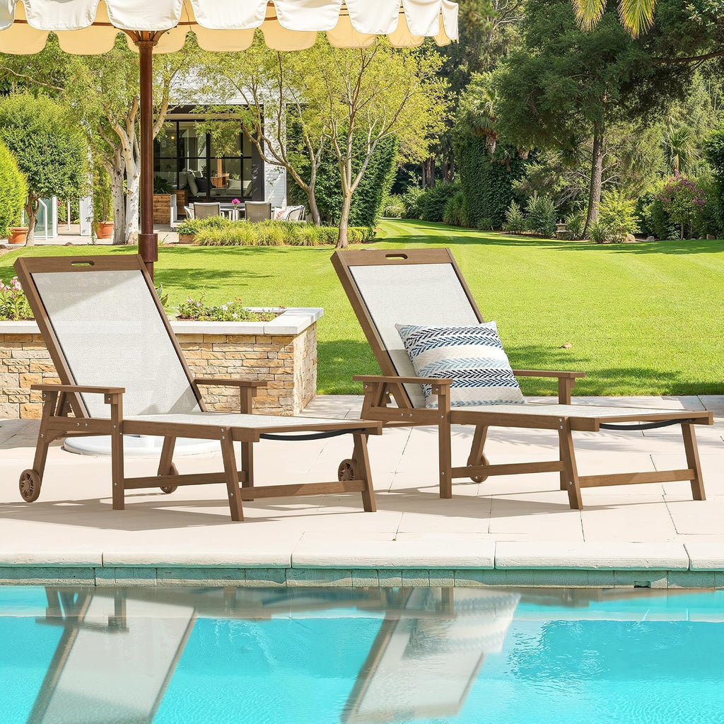 Lounge Chair Outdoor Set of 2,HDPS & HDPE Wicker Adjustable Chaise | 5-position Adjustable back, armrest, wheels, all