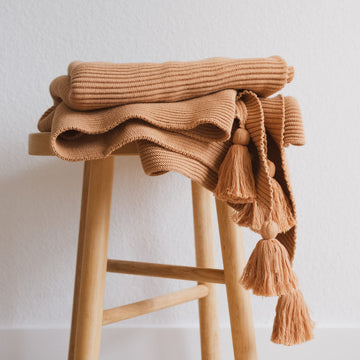 100% Soft Cotton Textured Raised Stripes Rib Knit Throw Blanket with Tassels (Baked Clay)