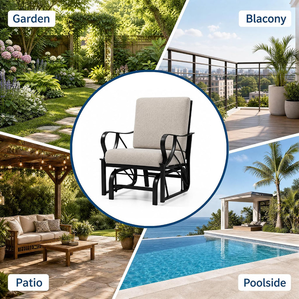 Patio Glider, Outdoor Glider Chair with Removable Cushion, Heavy Duty Metal Frame, Curved Armrest, Porch Rocking