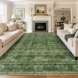8x10 Washable Vintage Green Area Rug, Low Pile Non-Slip Carpet for Living Room Bedroom
