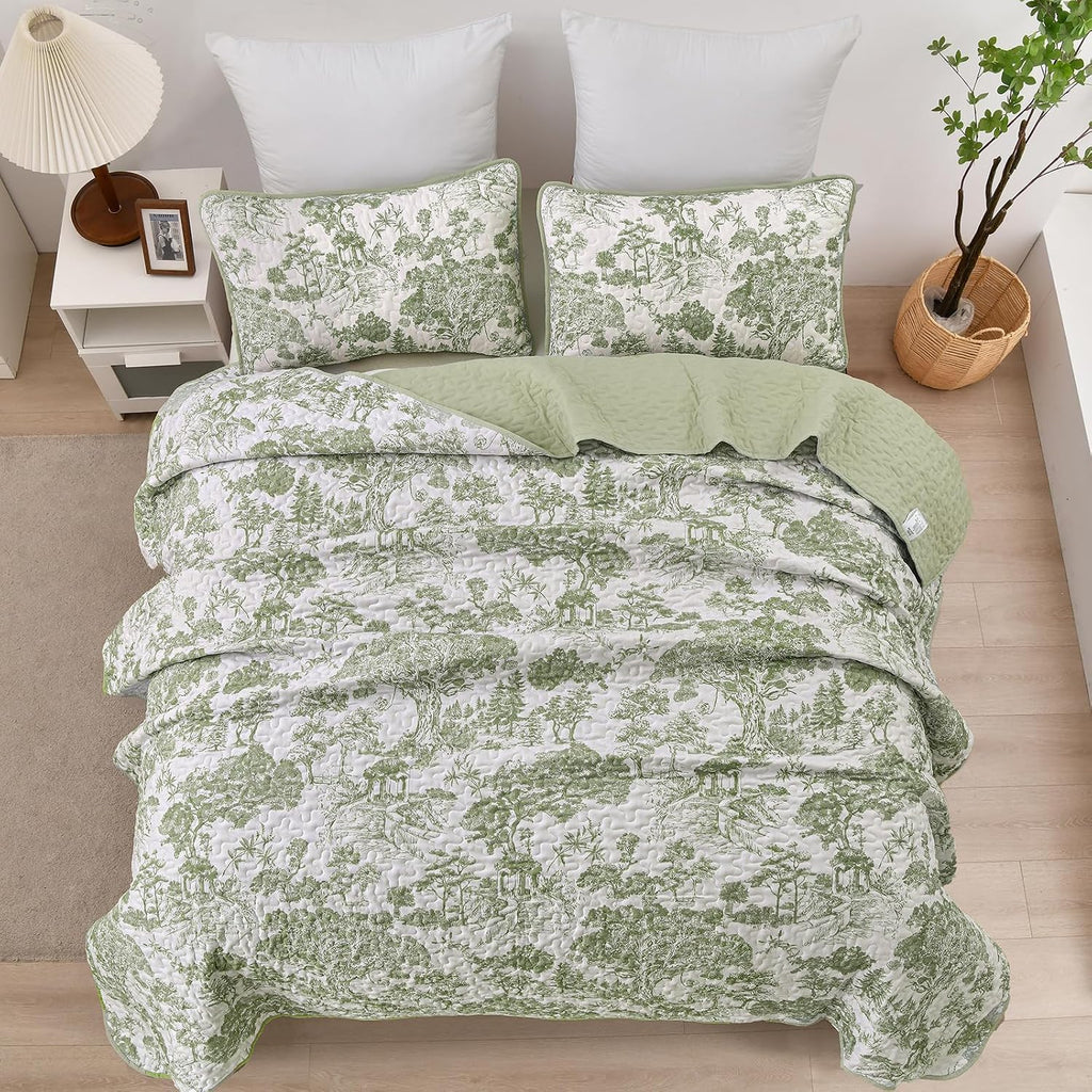 Sage Green Quilt Set King, Botanical Floral Bedspread - Set of 3