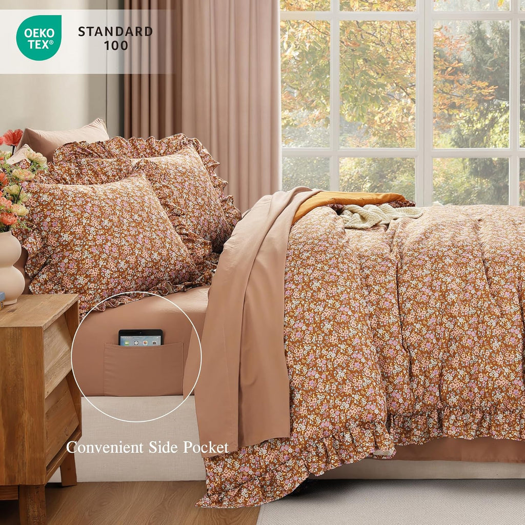 Comforter Set - 7 Pieces Ruffle Brown Bedding Sets, Shabby Chic Farmhouse Bed in a Bag with Ruffle Comforter
