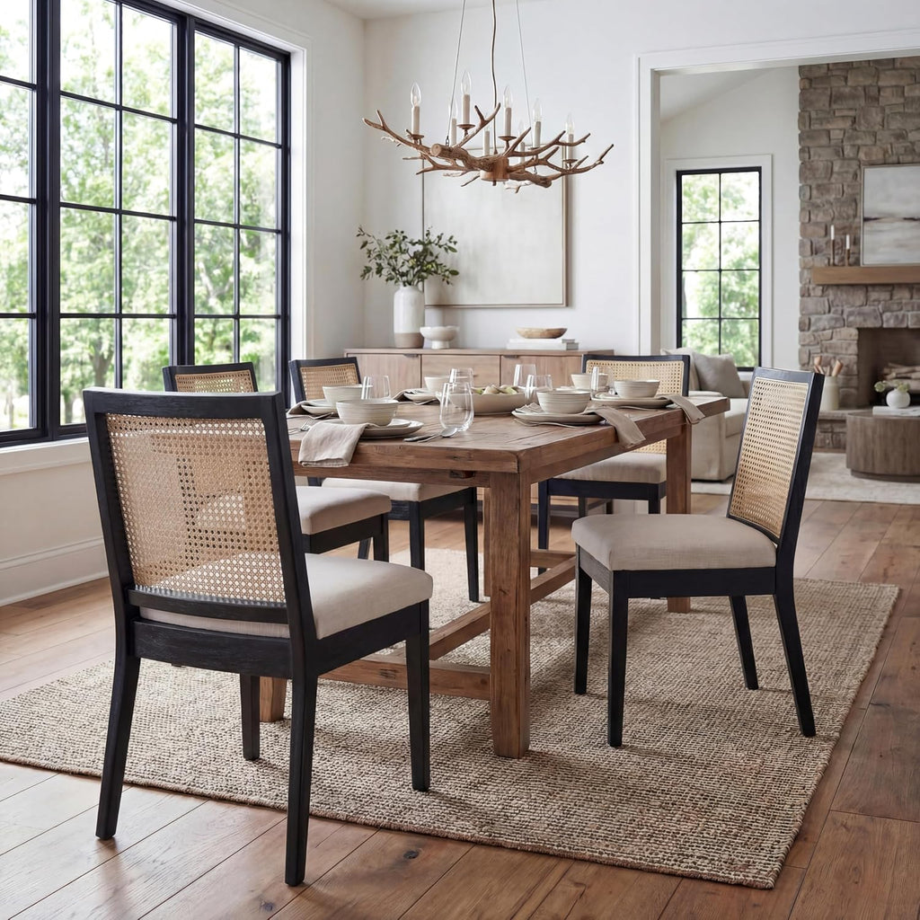 Rattan Dining Chairs Set of 6, Farmhouse Kitchen Chairs with Cane Back, Upholstered Dining Room Chairs Comfy Side