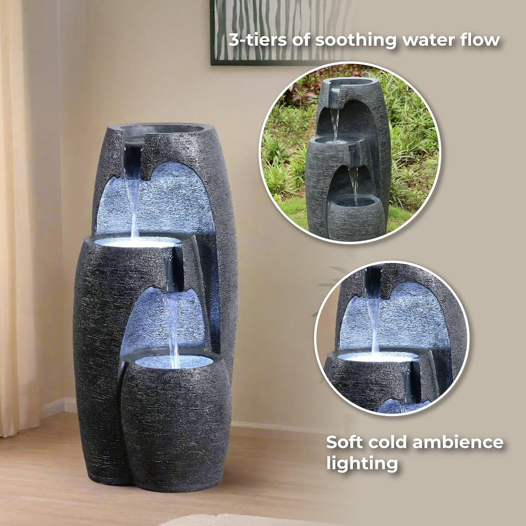 3-Tier Cascading Urn Outdoor Water Fountain - Cool Glow Lighting with Adjustable Flow & Electric Pump, Black