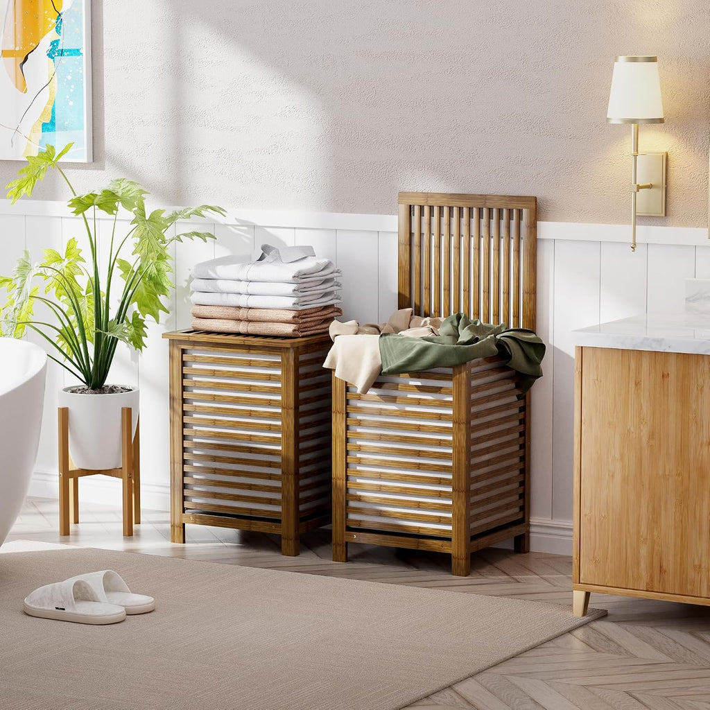 Double Laundry Hamper with Lid, 120L Bamboo Laundry Basket with Removable Liner Bag, 2-Section Clothes Divider