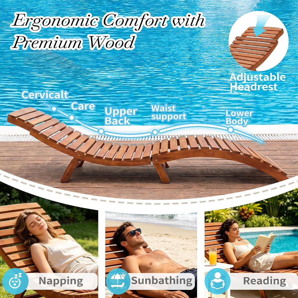 Folding Acacia Wood Outdoor Chaise Lounge-Waterproof Sun Lounger Lawn Backyard Patio
