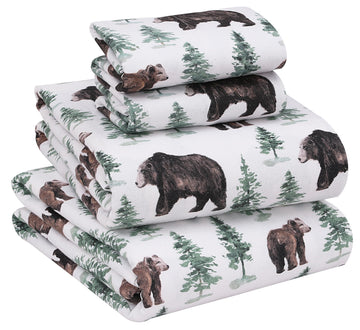 100% Cotton Flannel Sheets King Size, 4 PCs, Bear & Tree