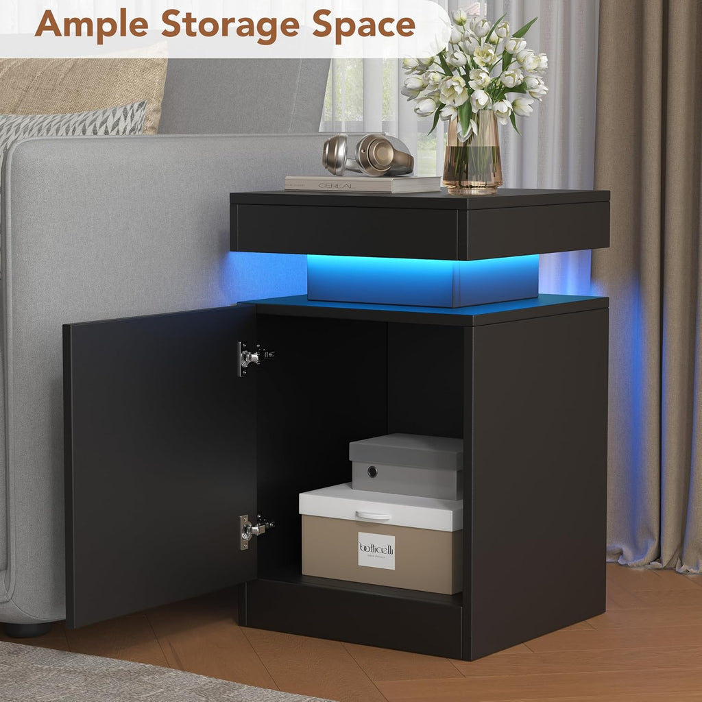 Nightstands Set 2, 15 Inches LED Night Stand Set of 2, Modern Bedside Table with LED Lights, High Gloss Surface, End