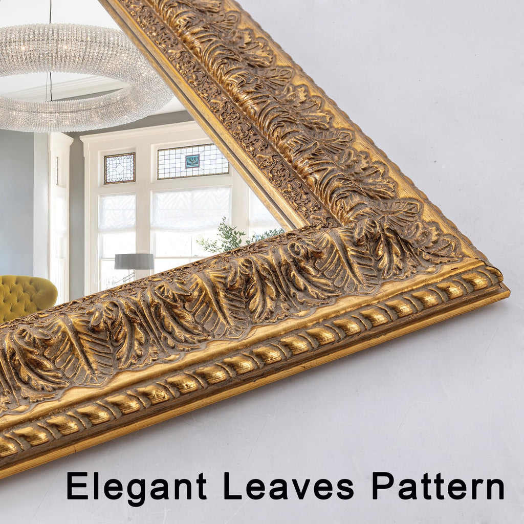 48" L x 24" W Large Gold Mirror for Wall, Rectangular Decorative Mirror Wall Decor with Leaves Shape Wood Frame
