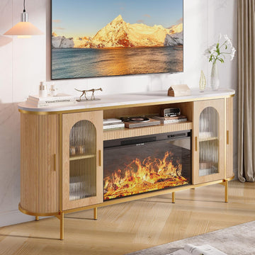 70" Fluted Fireplace TV Stand for TVs Up to 80 Inches, Entertainment Center with 30" Fireplace, Reeded Glass Door