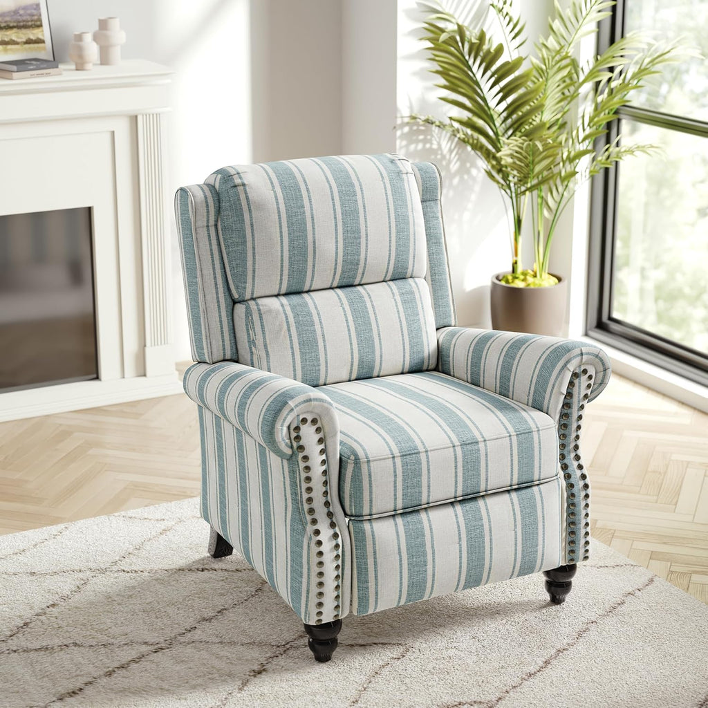 Recliner Chair, Modern Pushback Armchair with Adjustable Backrest & Footrest (Blue Stripe,Set of 2)