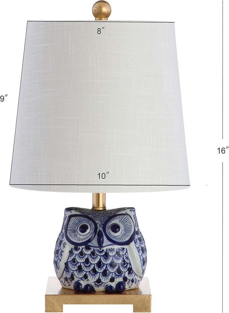16" Blue/White Ceramic Owl Mini Table Lamp or Office, Modern Farmhouse Nightstand Lamp with White Linen Shade
