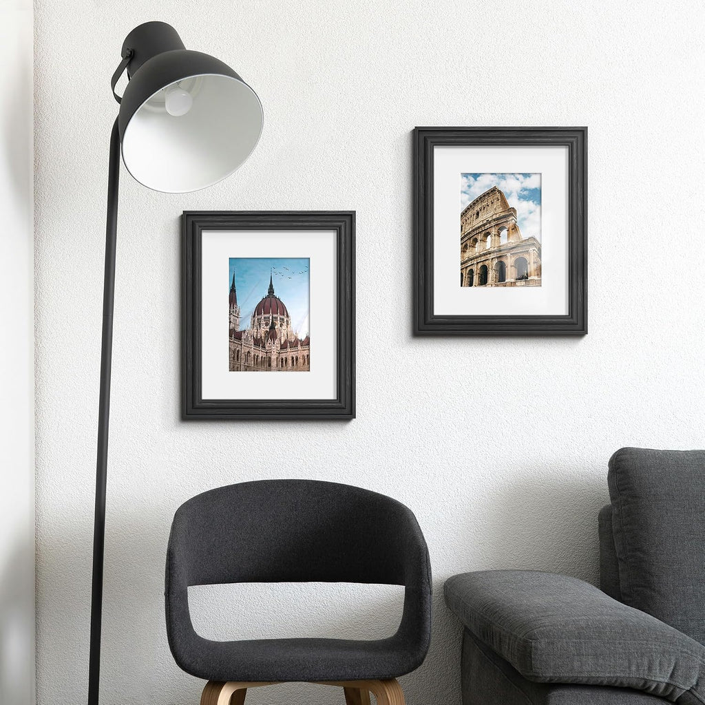 8x10 Picture Frame Set of 6, Wall or Tabletop, Black Woodgrain | Display 5x7 with Mat or 8x10 Without Mat, Horizontal
