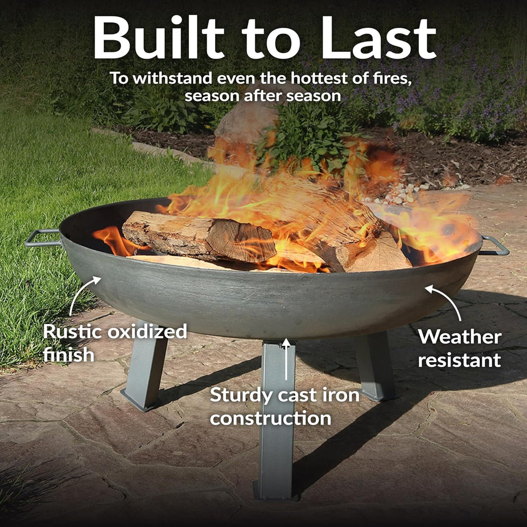 30 Inch Cast Iron Fire Pit Bowl - Wood Burning Outdoor with Handles - Gray
