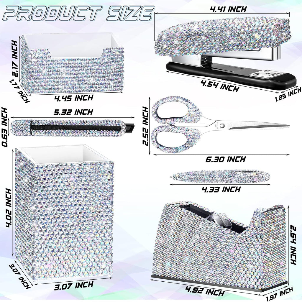 White 7 Pieces Bling Desk Accessories Set Glitter Crystal Office Stationery Kit for Women Diamond Tape Dispenser