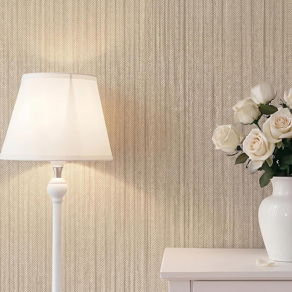 Beige Herringbone Peel and Stick Wallpaper, Modern Woven Look Geometric Self Adhesive Removable Wallpaper Living Room