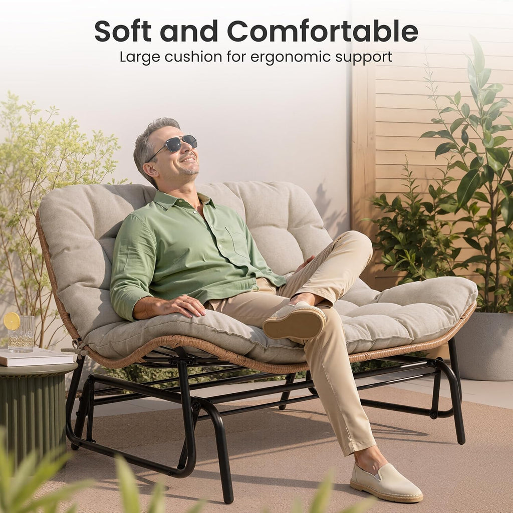 Outdoor Glider Bench 2-Person Rattan Patio Glider with Soft Cushion(Beige) | All-Weather Boho Rattan Patio Furniture