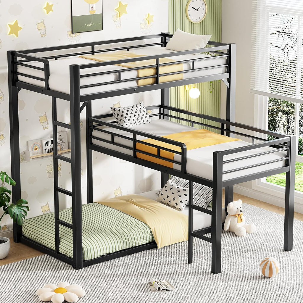 Heavy Duty L-Shaped Triple Bunk Bed for Kids Bedroom,Twin Over Twin Over Twin Metal Bunkbeds with Ladder & Safety