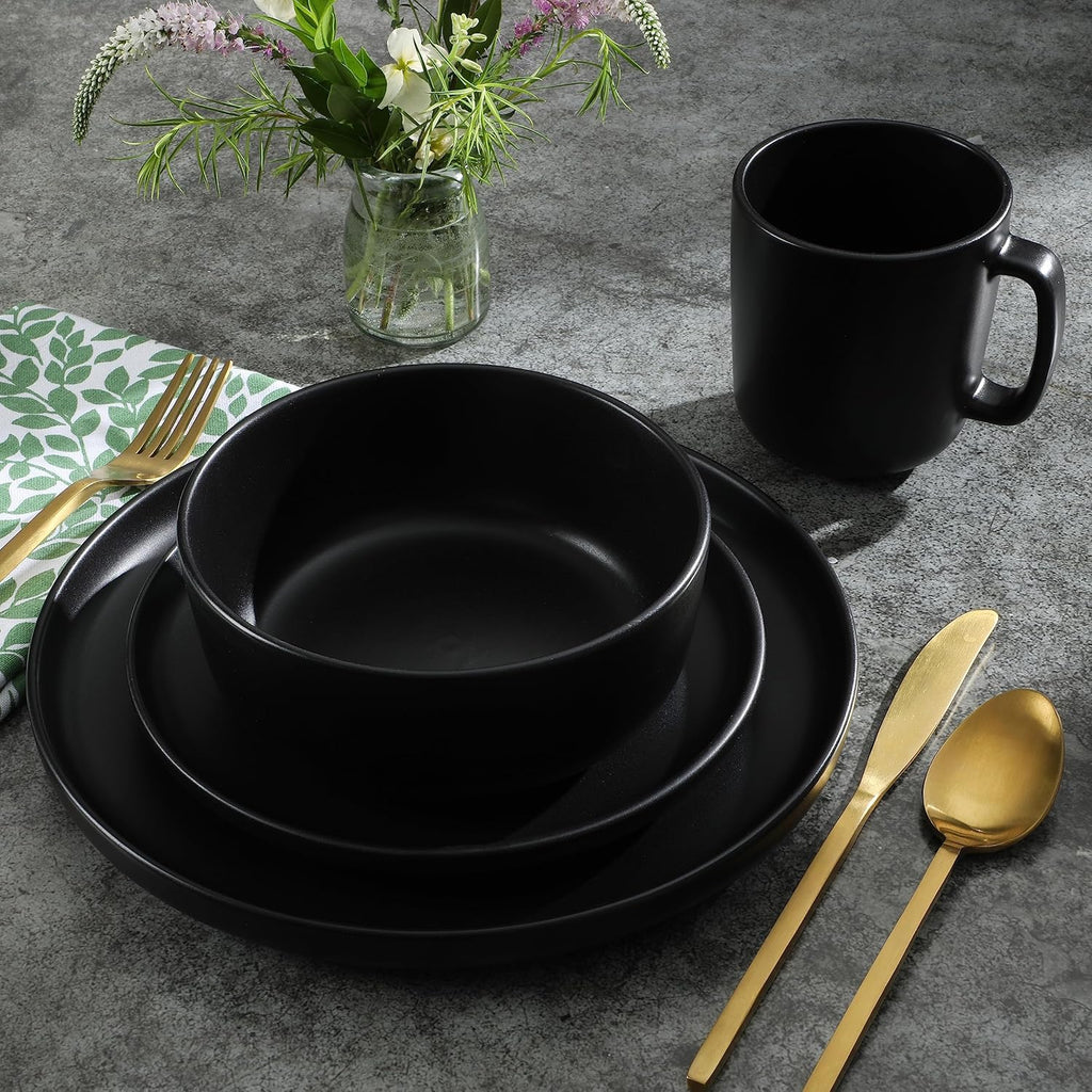 Zuma Stoneware Plates, Bowls, & Mugs Dinnerware Set - Matte Black, Service for Four (16pcs)