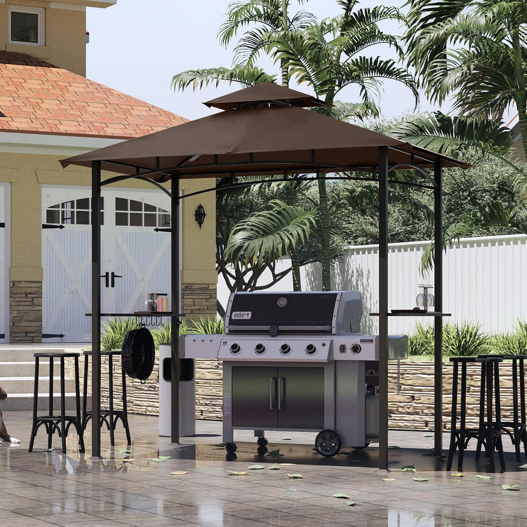 8 x 5 Grill Gazebo Outdoor BBQ Gazebo Canopy with 2 LED Lights (Brown)