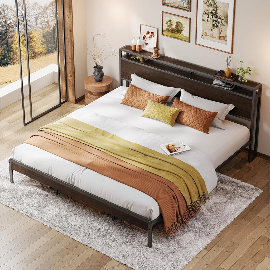 King Bed Frame with Headboard, Dark Wood Camas King with Strong Supports, Sturdy, Noise-Free, No Box Spring Needed