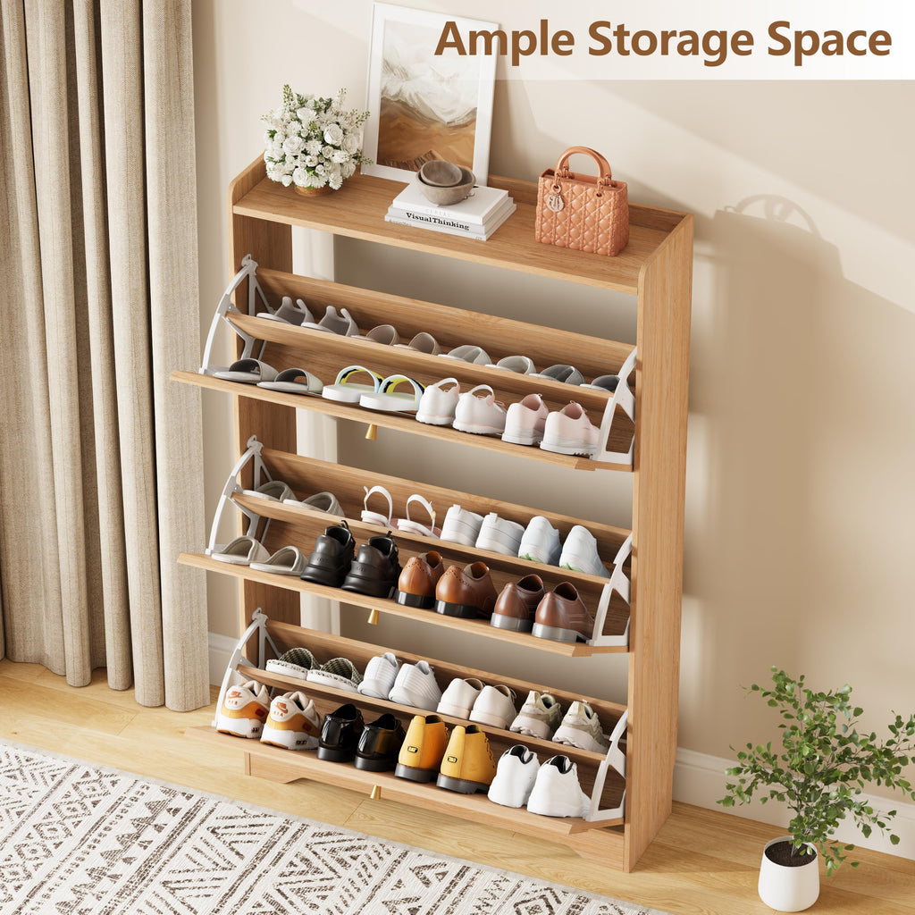 Shoe Storage Cabinet with 3 Flip Drawers and Modern Wave-Edge Fluted Panels, Slim Shoe Rack, Freestanding Narrow