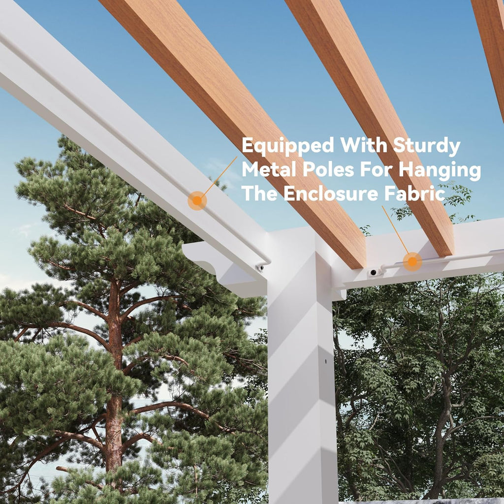 Modern Shade Open Sky 10'x12' Pergola Cabana, Modern Outdoor Pergola with White Privacy Curtains & Back Privacy Wall