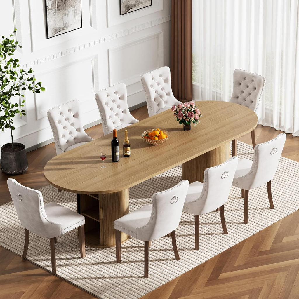 Round Extendable Dining Table, 94" Extendable Dining Room Table for 10, Retro Wooden Kitchen Expanding Table Oval Top