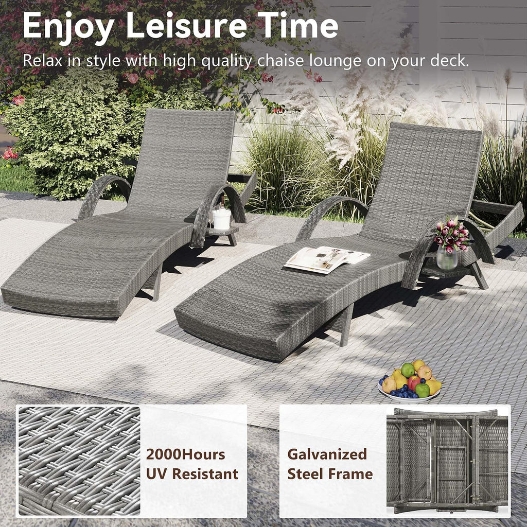 Chaise Lounge Outdoor Set of 2, Rattan Pool Loungers Chairs Set of 2 with Armrests & Pull-Out Side Table, Patio