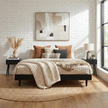 Fly Wooden Bed Frame Without Headboard, Solid Oak and Rubber Wood Foundation with Silent Slats and Wood Central
