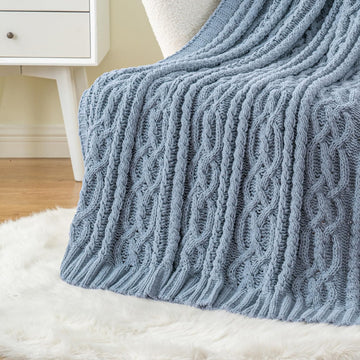 Bluish Grey Throw Blanket,51"x67", Super Soft Warm Cozy Chenille Knit Blankets, Chair, Gift, Texture Decorative Boho