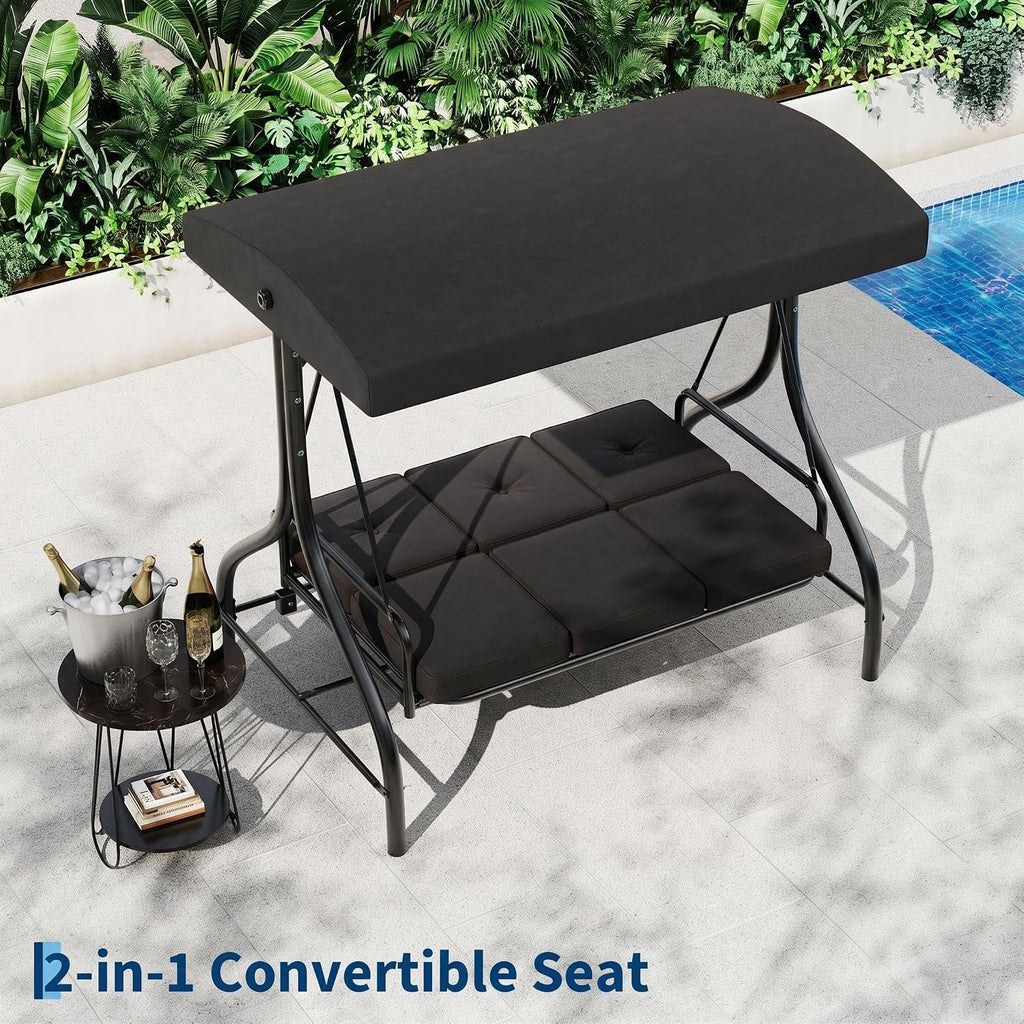 3-Seat Outdoor Porch Swing with Adjustable Canopy | Patio Swing Chair with Stand, 800 Lbs Heavy Duty Steel Frame