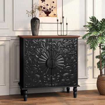 Black Sideboard Buffet Cabinet with 2 Embossed Flowers Doors | Rustic Wood Accent Storage Cabinet, Decorative Cabinet