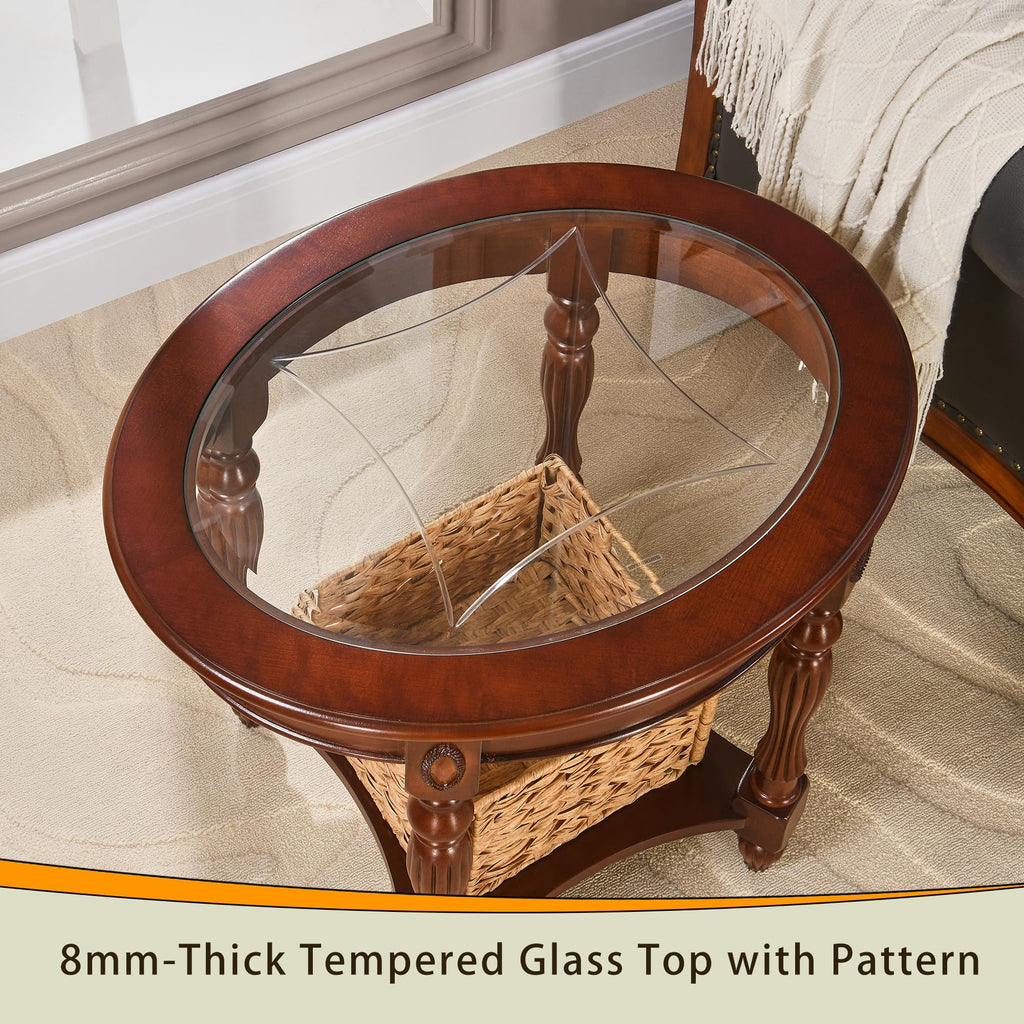 Oval Round Glass End Table, 2-Tier Solid Wood Glass Top End Side Tables, Traditional Victorian Nightstand Living Room