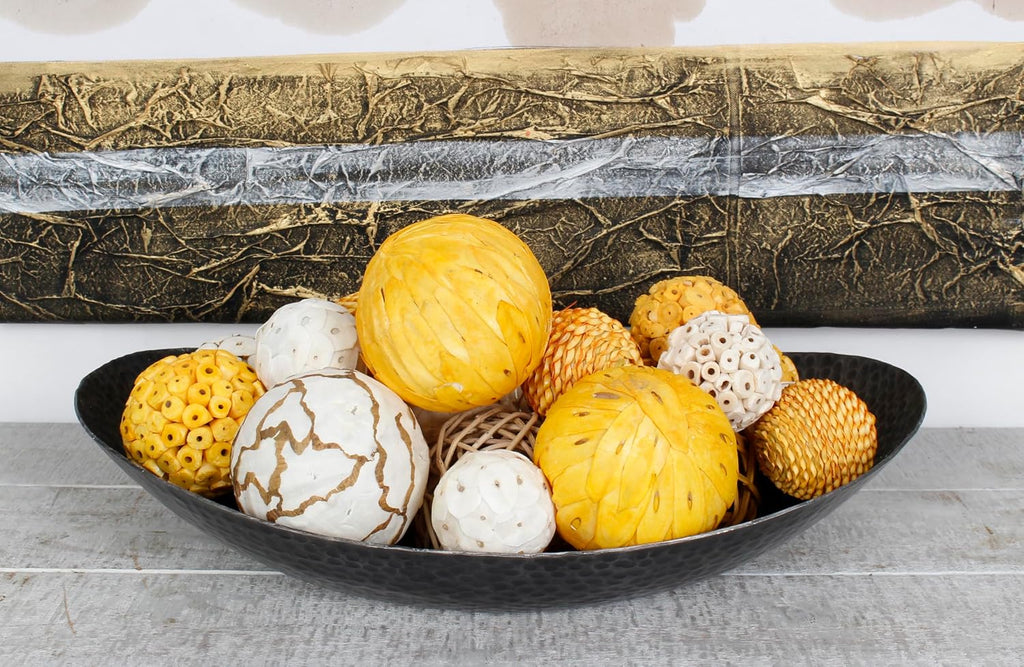 Dried Exotics Balls, Orbs, Spheres, Bowl Filler, Vase Filler Assorted Ochre Yellow/Natural - Set of 18