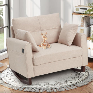 Rocking Chair, Upholstered Nursery Rocking Chair with High Back and Side Pocket USB Port, Double Wide Rocker Glider