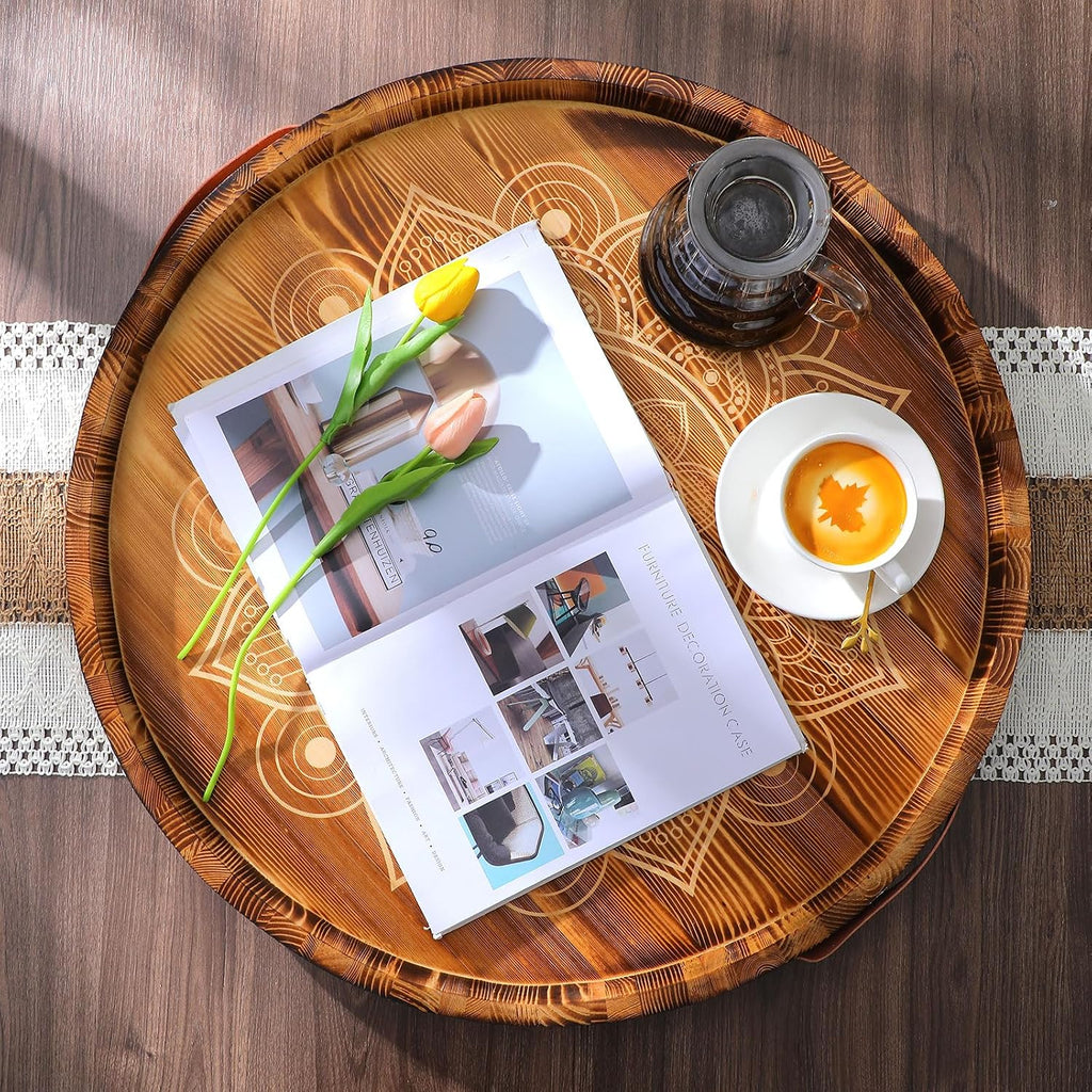 24 Inch Ottoman Tray Mandala Wooden Serving Tray with Handle Rustic Round Ottoman Large Farmhouse Coffee Table