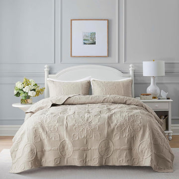 Beige Damask Quilt Bedding Sets with 2 Pillow Shams, Boho Bedspread Lightweight Soft Farmhouse Vintage Bohemian