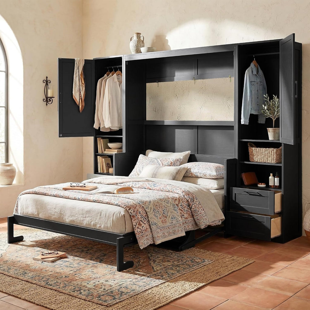 Queen Murphy Bed with Desk, Closet, Drawers and Shelves, Fold into The Wall, Space-Saving Foldable Wood Platform Bed